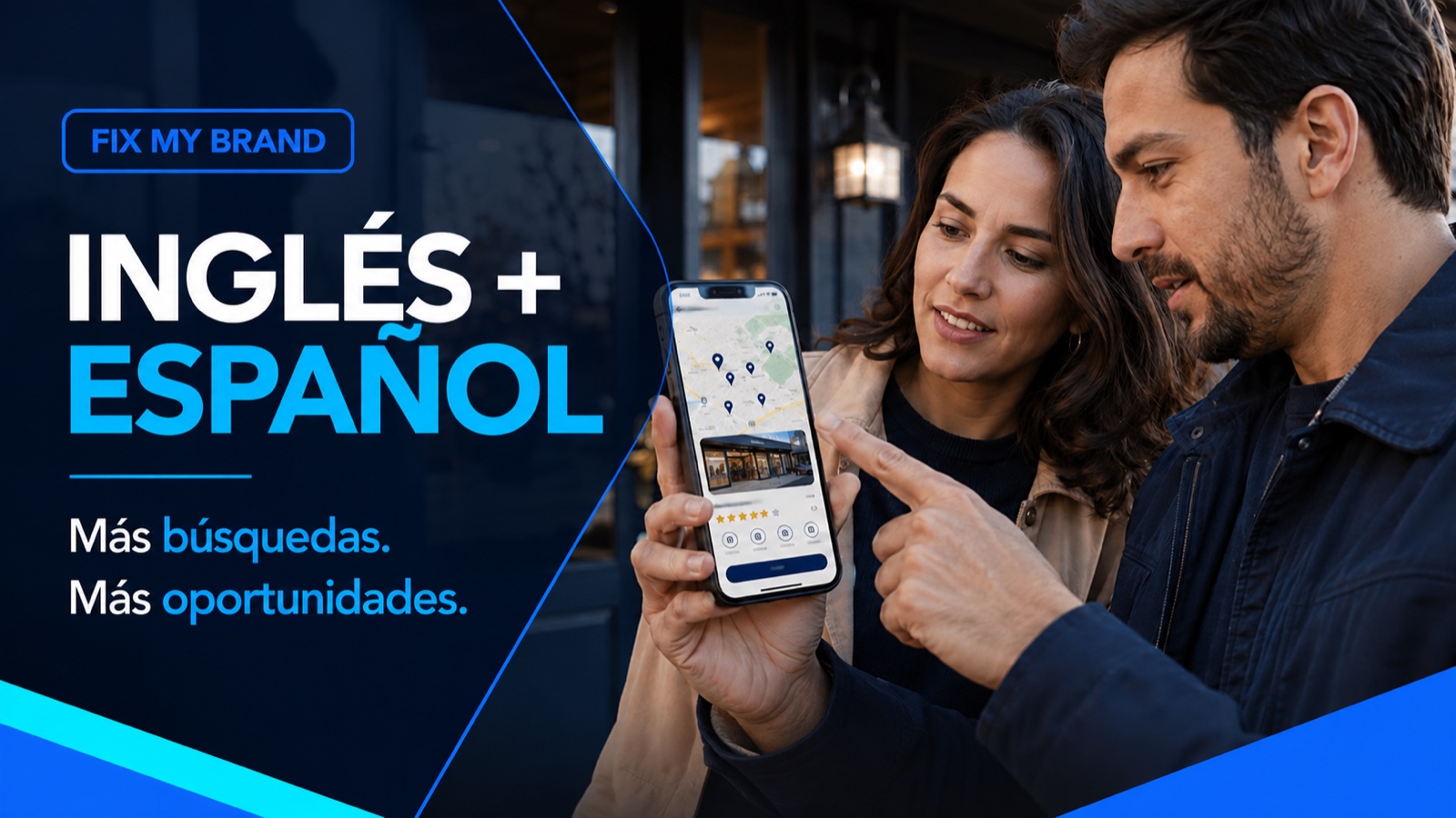 Clientes bilingües comparando resultados de negocios locales en un teléfono en Georgia