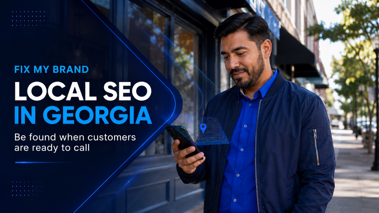 Georgia small business owner using local search on a smartphone outside a storefront