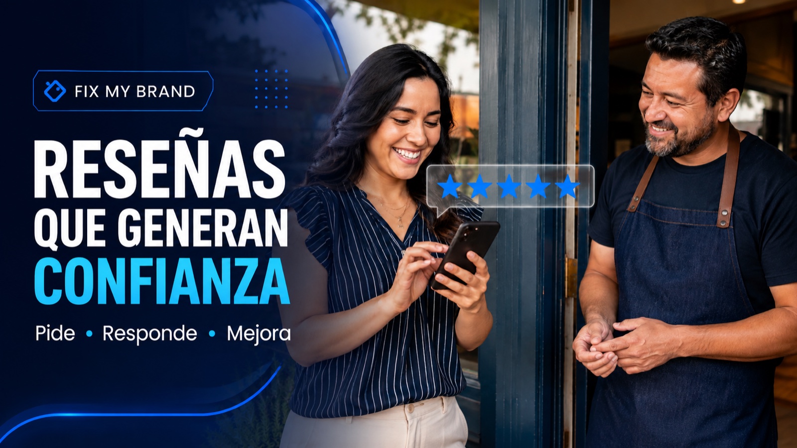 Cliente hispana dejando una reseña positiva para un negocio local en Georgia