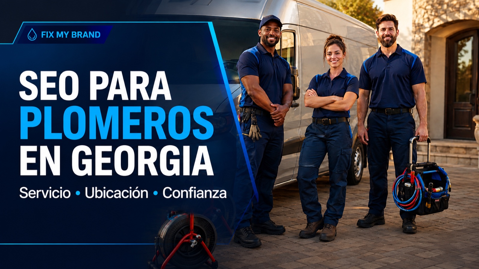 Equipo profesional de plomería junto a un vehículo de servicio en Georgia
